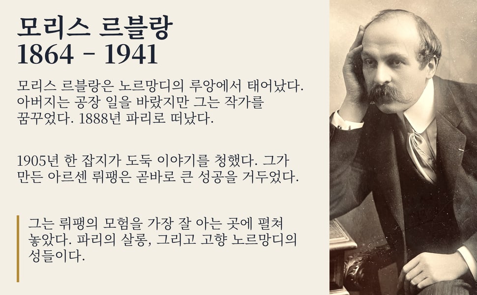 모리스 르블랑 1864 – 1941. 모리스 르블랑은 노르망디의 루앙에서 태어났다. 아버지는 공장 일을 바랐지만 그는 작가를 꿈꾸었다. 1888년 파리로 떠났다.