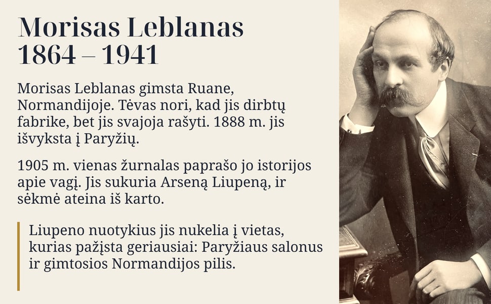 Morisas Leblanas 1864 – 1941. Morisas Leblanas gimsta Ruane, Normandijoje. Tėvas nori, kad jis dirbtų fabrike, bet jis svajoja rašyti. 1888 m. jis išvyksta į Paryžių.
