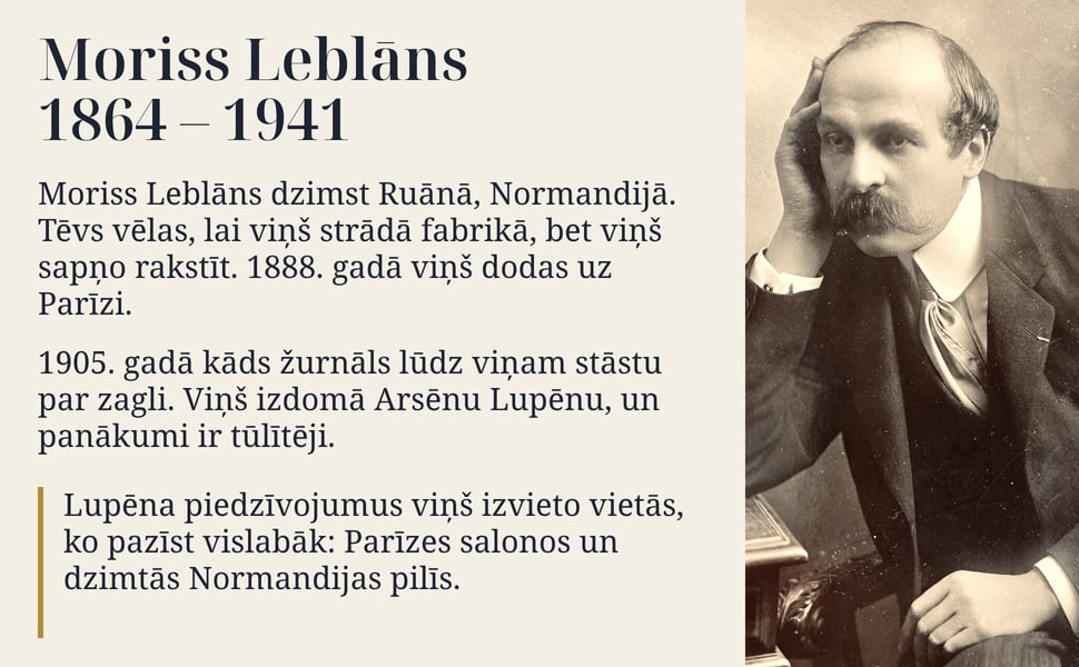 Moriss Leblāns 1864 – 1941. Moriss Leblāns dzimst Ruānā, Normandijā. Tēvs vēlas, lai viņš strādā fabrikā, bet viņš sapņo rakstīt. 1888. gadā viņš dodas uz Parīzi.