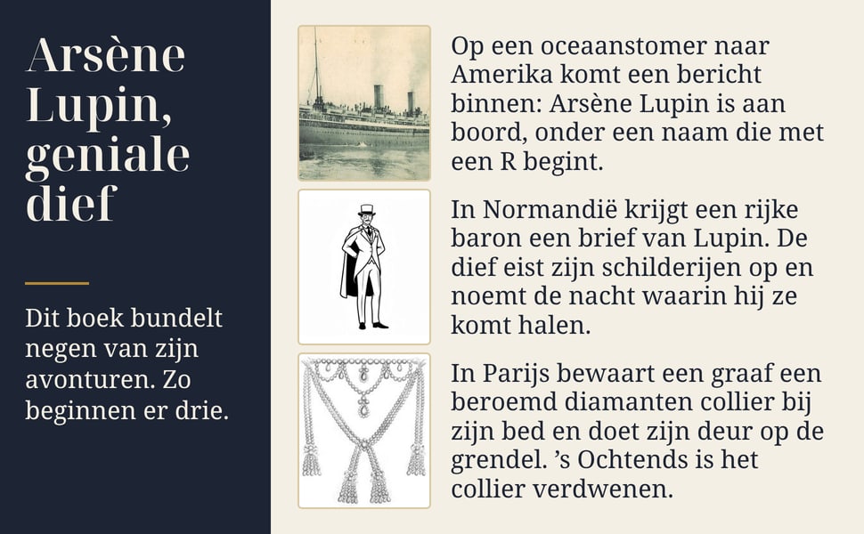 Arsène Lupin, geniale dief. Dit boek bundelt negen van zijn avonturen. Zo beginnen er drie.