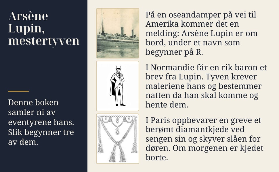 Arsène Lupin, mestertyven. Denne boken samler ni av eventyrene hans. Slik begynner tre av dem.