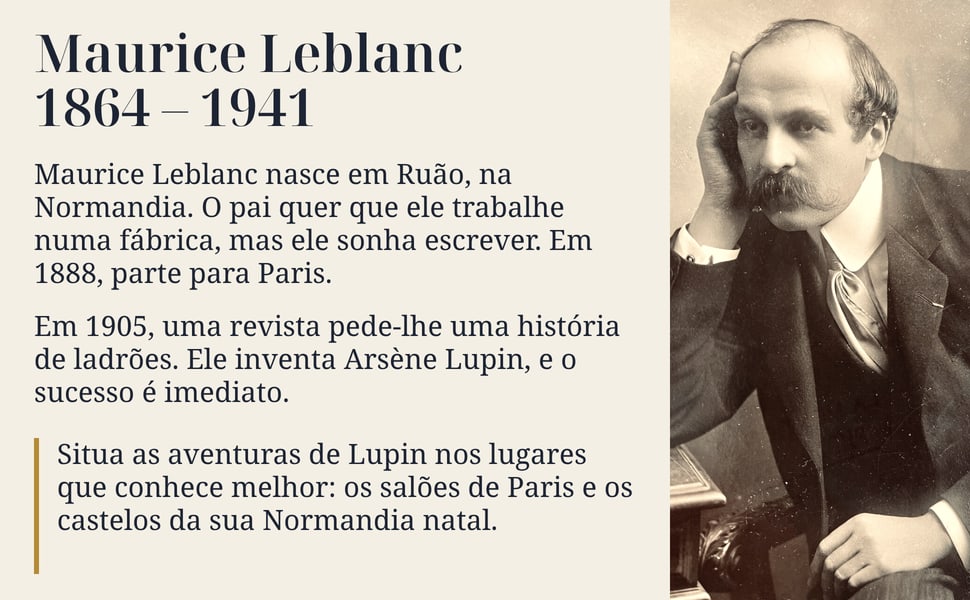 Maurice Leblanc 1864 – 1941. Maurice Leblanc nasce em Ruão, na Normandia. O pai quer que ele trabalhe numa fábrica, mas ele sonha escrever. Em 1888, parte para Paris.