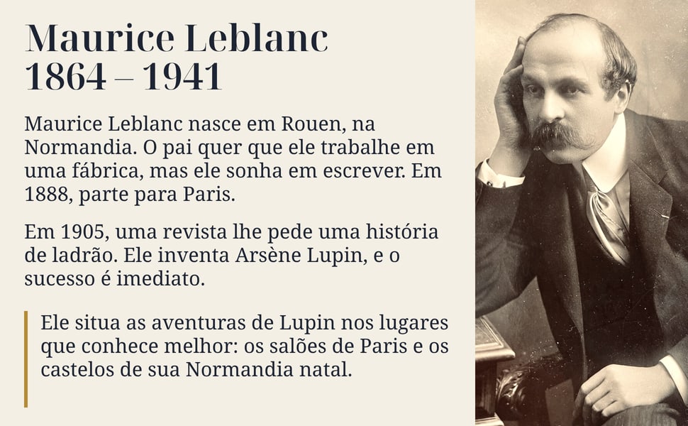 Maurice Leblanc 1864 – 1941. Maurice Leblanc nasce em Rouen, na Normandia. O pai quer que ele trabalhe em uma fábrica, mas ele sonha em escrever. Em 1888, parte para Paris.