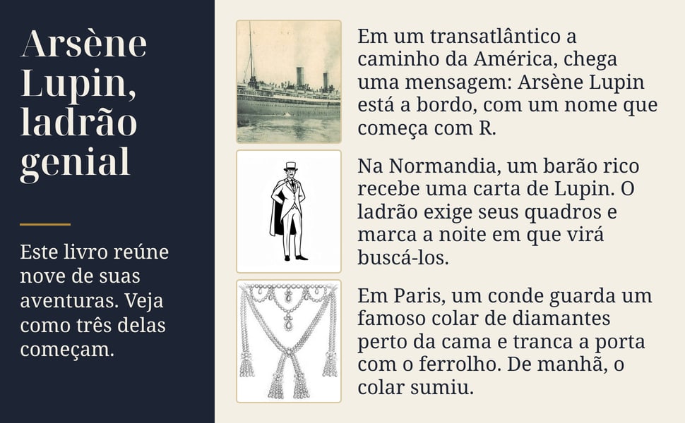 Arsène Lupin, ladrão genial. Este livro reúne nove de suas aventuras. Veja como três delas começam.