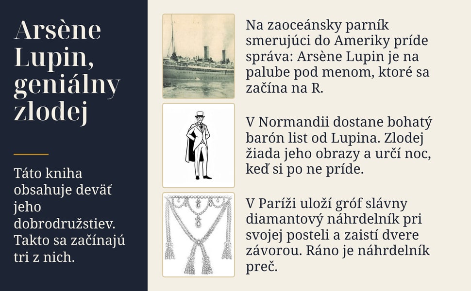 Arsène Lupin, geniálny zlodej. Táto kniha obsahuje deväť jeho dobrodružstiev. Takto sa začínajú tri z nich.