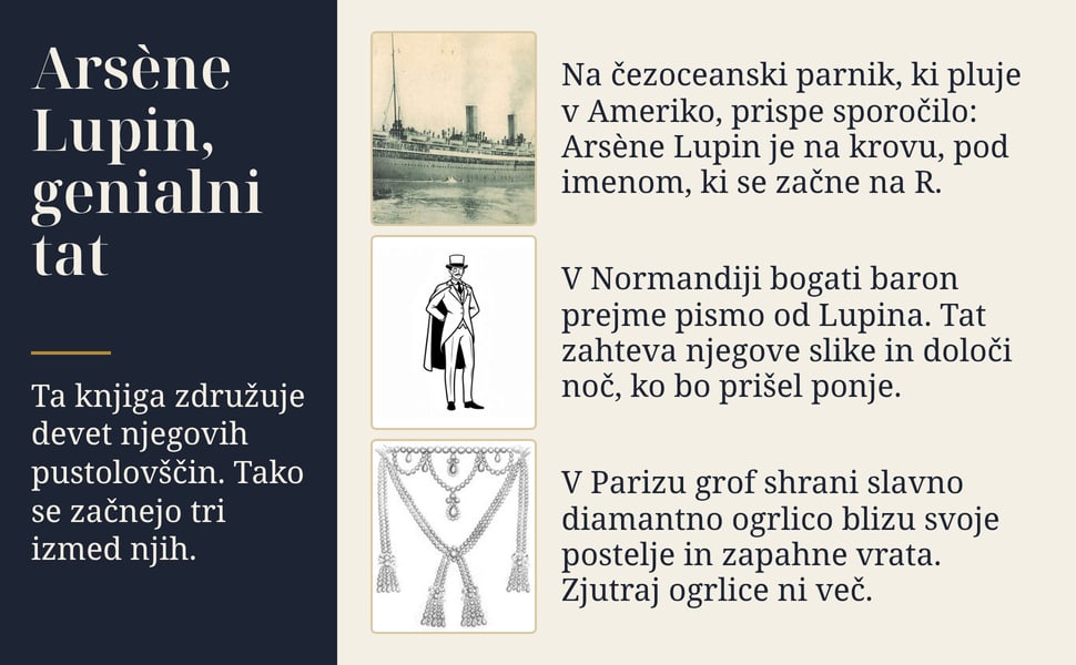 Arsène Lupin, genialni tat. Ta knjiga združuje devet njegovih pustolovščin. Tako se začnejo tri izmed njih.