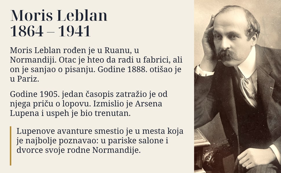 Moris Leblan 1864 – 1941. Moris Leblan rođen je u Ruanu, u Normandiji. Otac je hteo da radi u fabrici, ali on je sanjao o pisanju. Godine 1888. otišao je u Pariz.