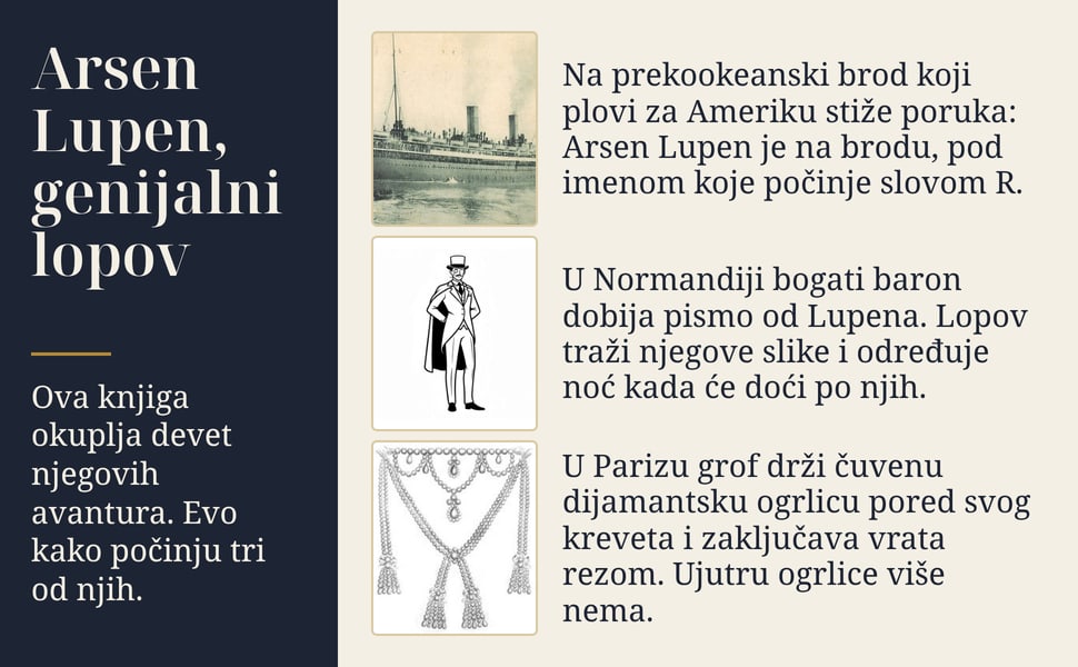 Arsen Lupen, genijalni lopov. Ova knjiga okuplja devet njegovih avantura. Evo kako počinju tri od njih.