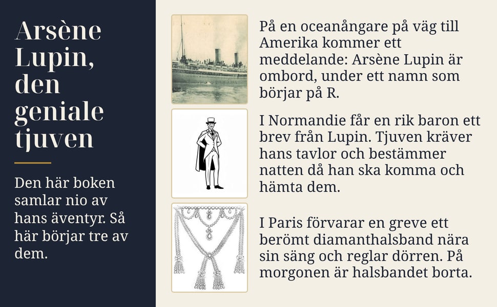 Arsène Lupin, den geniale tjuven. Den här boken samlar nio av hans äventyr. Så här börjar tre av dem.