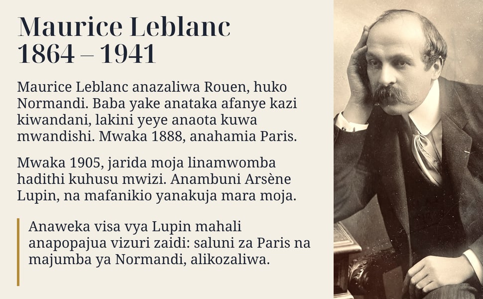 Maurice Leblanc 1864 – 1941. Maurice Leblanc anazaliwa Rouen, huko Normandi. Baba yake anataka afanye kazi kiwandani, lakini yeye anaota kuwa mwandishi. Mwaka 1888, anahamia Paris.