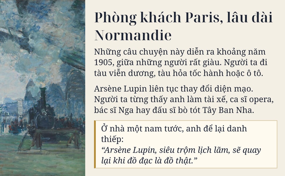 Phòng khách Paris, lâu đài Normandie. Những câu chuyện này diễn ra khoảng năm 1905, giữa những người rất giàu. Người ta đi tàu viễn dương, tàu hỏa tốc hành hoặc ô tô.