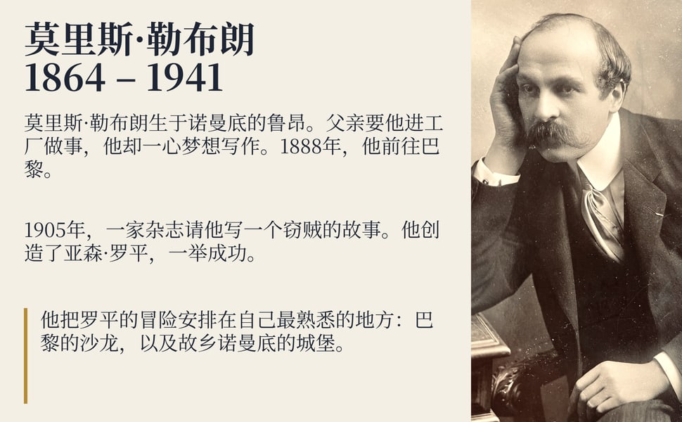莫里斯·勒布朗 1864 – 1941。莫里斯·勒布朗生于诺曼底的鲁昂。父亲要他进工厂做事,他却一心梦想写作。1888年,他前往巴黎。