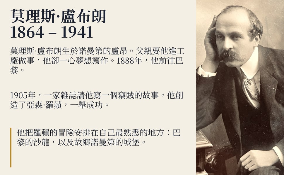 莫理斯·盧布朗 1864 – 1941。莫理斯·盧布朗生於諾曼第的盧昂。父親要他進工廠做事,他卻一心夢想寫作。1888年,他前往巴黎。