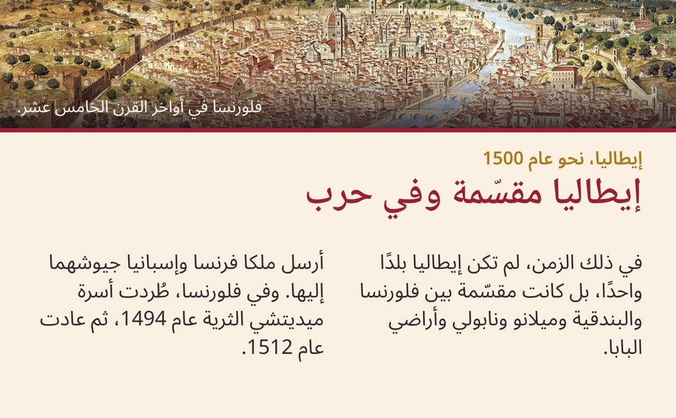 إيطاليا مقسّمة وفي حرب. في ذلك الزمن، لم تكن إيطاليا بلدًا واحدًا، بل كانت مقسّمة بين فلورنسا والبندقية وميلانو ونابولي وأراضي البابا.