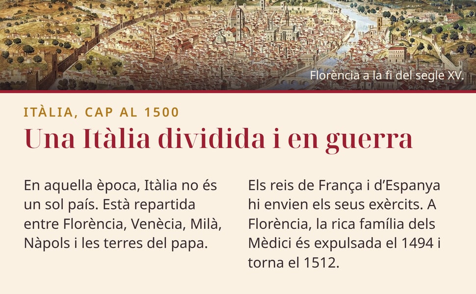 Una Itàlia dividida i en guerra. En aquella època, Itàlia no és un sol país. Està repartida entre Florència, Venècia, Milà, Nàpols i les terres del papa.