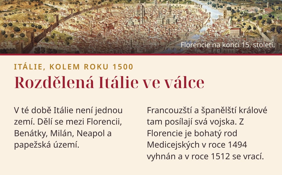 Rozdělená Itálie ve válce. V té době Itálie není jednou zemí. Dělí se mezi Florencii, Benátky, Milán, Neapol a papežská území.