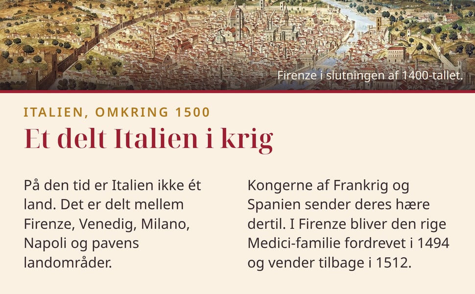 Et delt Italien i krig. På den tid er Italien ikke ét land. Det er delt mellem Firenze, Venedig, Milano, Napoli og pavens landområder.