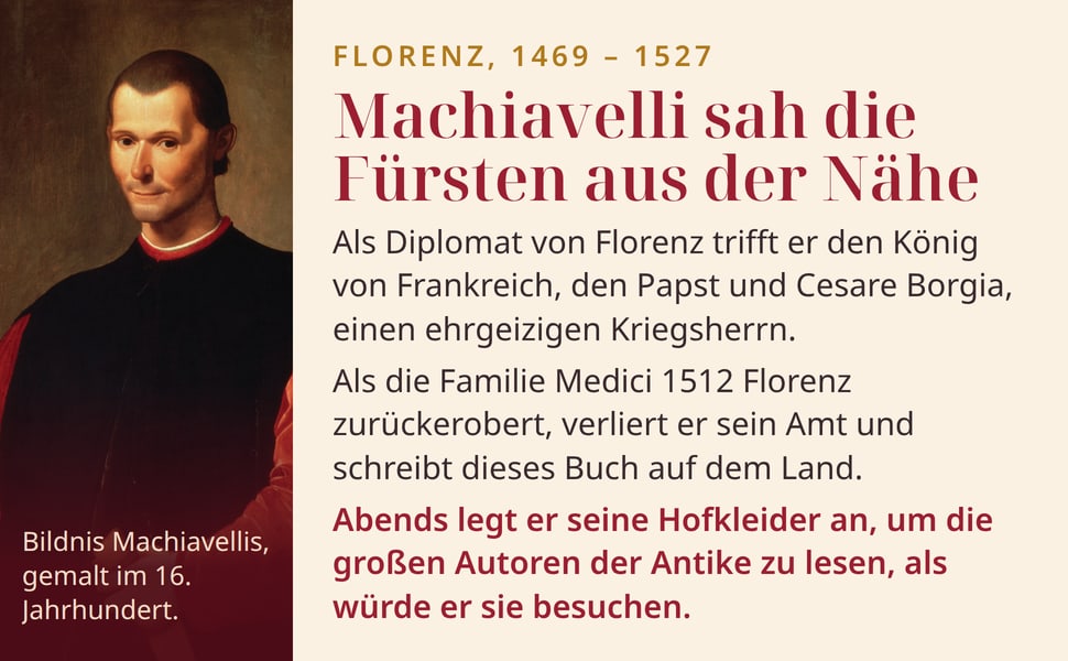 Machiavelli sah die Fürsten aus der Nähe. Als Diplomat von Florenz trifft er den König von Frankreich, den Papst und Cesare Borgia, einen ehrgeizigen Kriegsherrn.