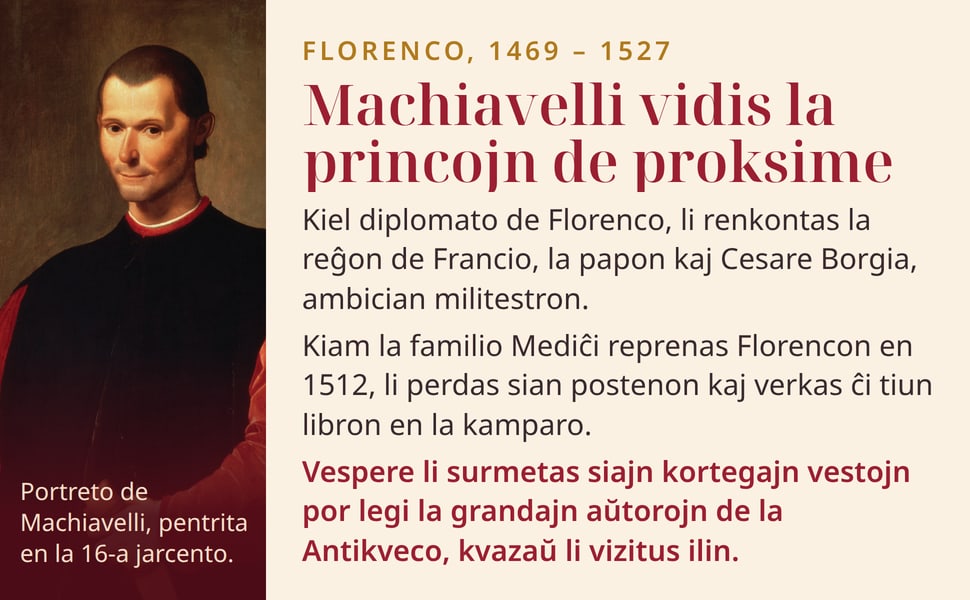 Machiavelli vidis la princojn de proksime. Kiel diplomato de Florenco, li renkontas la reĝon de Francio, la papon kaj Cesare Borgia, ambician militestron.