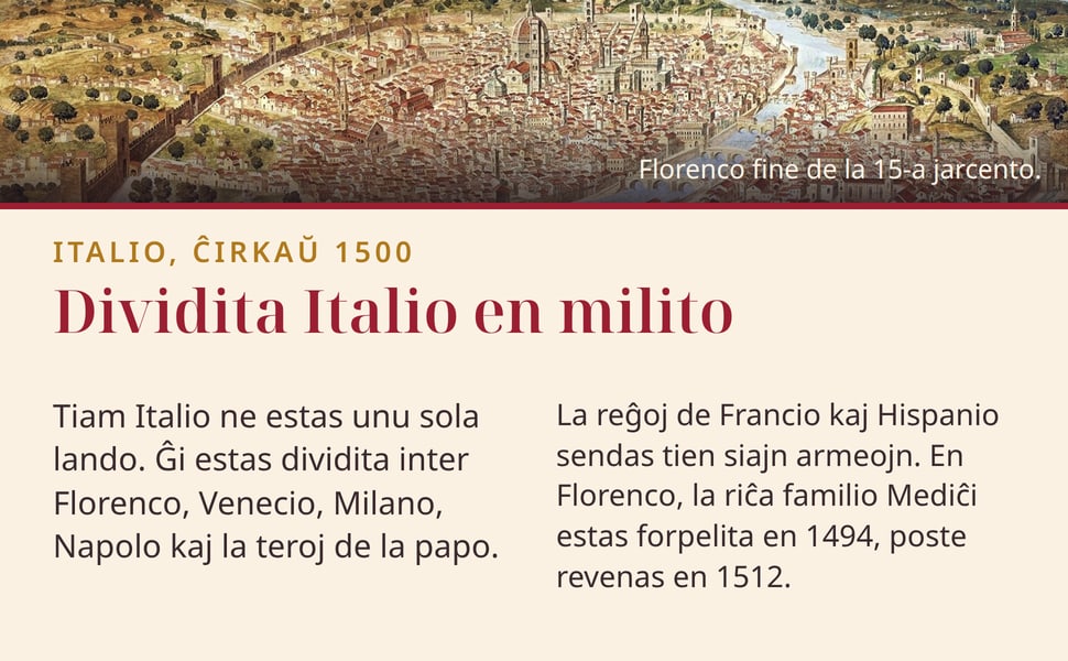 Dividita Italio en milito. Tiam Italio ne estas unu sola lando. Ĝi estas dividita inter Florenco, Venecio, Milano, Napolo kaj la teroj de la papo.