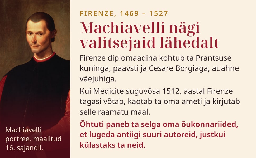 Machiavelli nägi valitsejaid lähedalt. Firenze diplomaadina kohtub ta Prantsuse kuninga, paavsti ja Cesare Borgiaga, auahne väejuhiga.