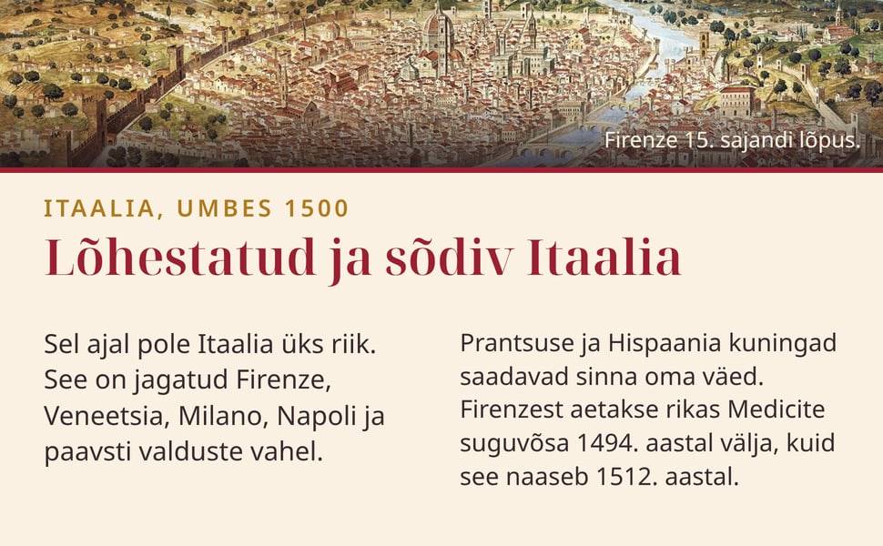 Lõhestatud ja sõdiv Itaalia. Sel ajal pole Itaalia üks riik. See on jagatud Firenze, Veneetsia, Milano, Napoli ja paavsti valduste vahel.