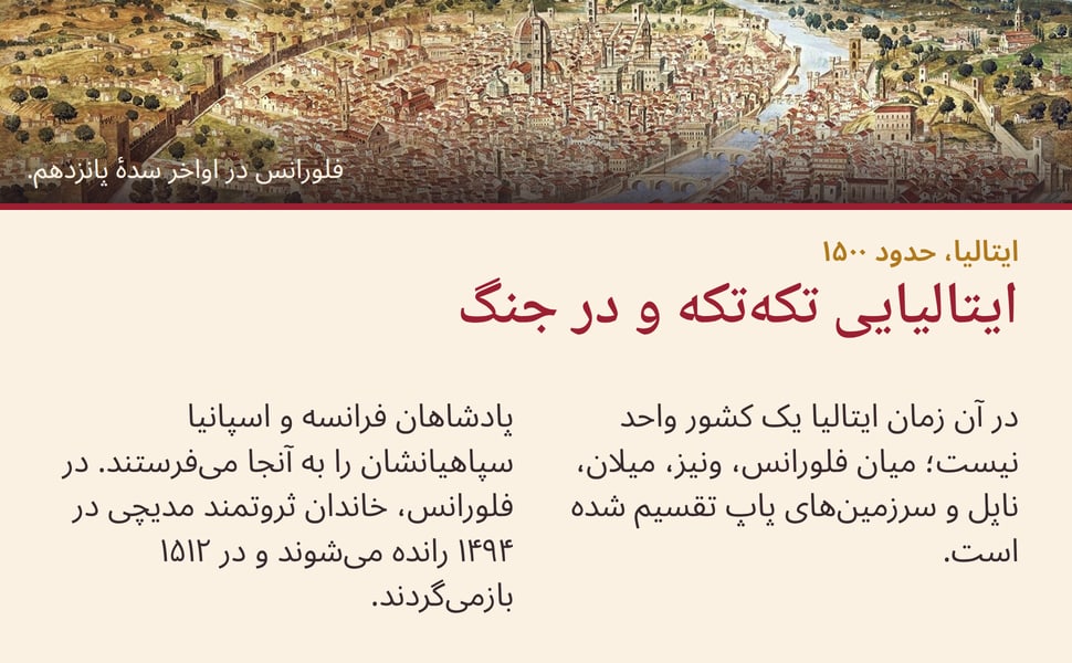 ایتالیایی تکهتکه و در جنگ. در آن زمان ایتالیا یک کشور واحد نیست؛ میان فلورانس، ونیز، میلان، ناپل و سرزمینهای پاپ تقسیم شده است.