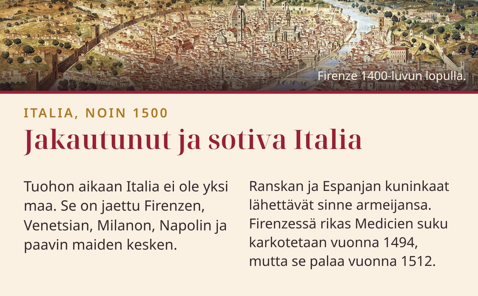 Jakautunut ja sotiva Italia. Tuohon aikaan Italia ei ole yksi maa. Se on jaettu Firenzen, Venetsian, Milanon, Napolin ja paavin maiden kesken.
