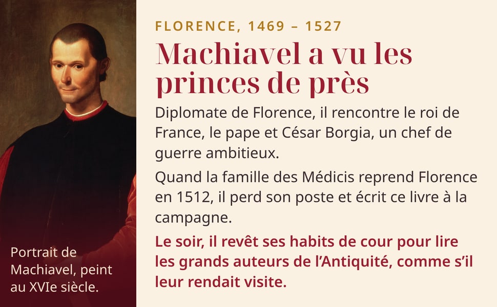 Florence, 1469 – 1527. Machiavel a vu les princes de près. Diplomate de Florence, il rencontre le roi de France, le pape et César Borgia, un chef de guerre ambitieux. Quand la famille des Médicis reprend Florence en 1512, il perd son poste et écrit ce livre à la campagne. Le soir, il revêt ses habits de cour pour lire les grands auteurs de l’Antiquité, comme s’il leur rendait visite. Image : portrait de Machiavel, peint au XVIe siècle.