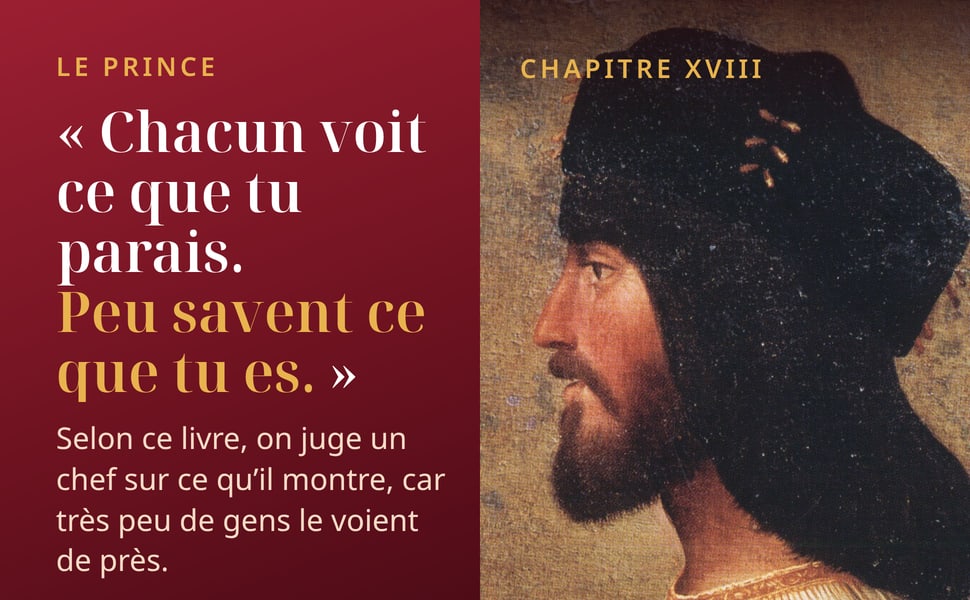 Le Prince. « Chacun voit ce que tu parais. Peu savent ce que tu es. » Chapitre XVIII. Selon ce livre, on juge un chef sur ce qu’il montre, car très peu de gens le voient de près.