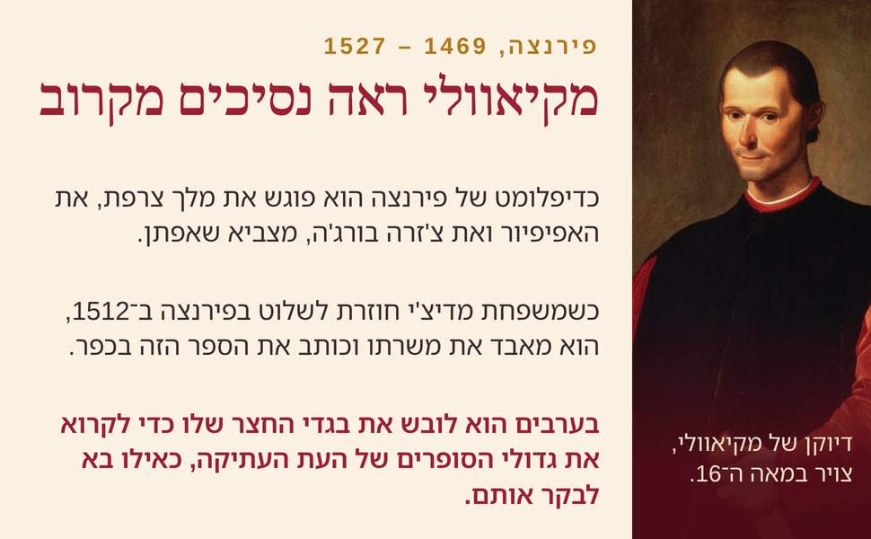 מקיאוולי ראה נסיכים מקרוב. כדיפלומט של פירנצה הוא פוגש את מלך צרפת, את האפיפיור ואת צ'זרה בורג'ה, מצביא שאפתן.