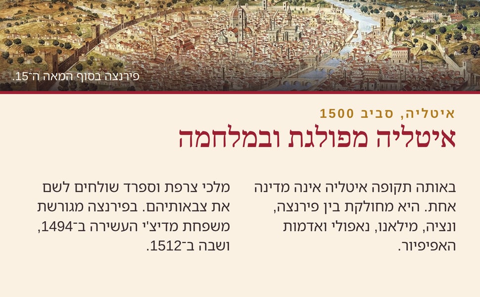 איטליה מפולגת ובמלחמה. באותה תקופה איטליה אינה מדינה אחת. היא מחולקת בין פירנצה, ונציה, מילאנו, נאפולי ואדמות האפיפיור.