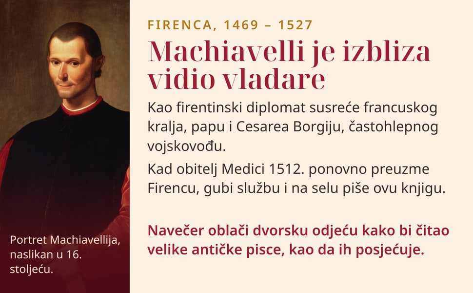 Machiavelli je izbliza vidio vladare. Kao firentinski diplomat susreće francuskog kralja, papu i Cesarea Borgiju, častohlepnog vojskovođu.