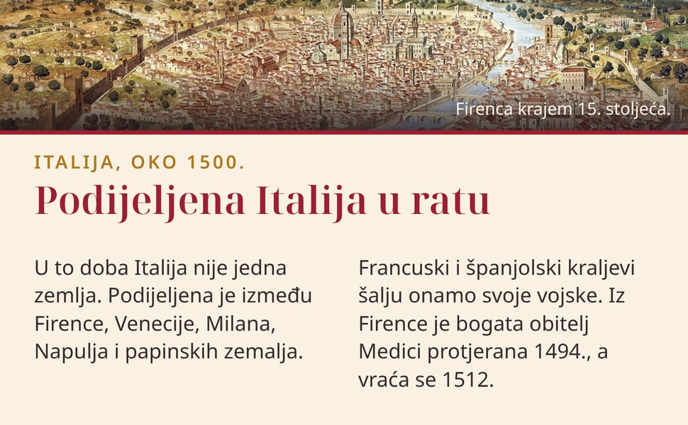 Podijeljena Italija u ratu. U to doba Italija nije jedna zemlja. Podijeljena je između Firence, Venecije, Milana, Napulja i papinskih zemalja.