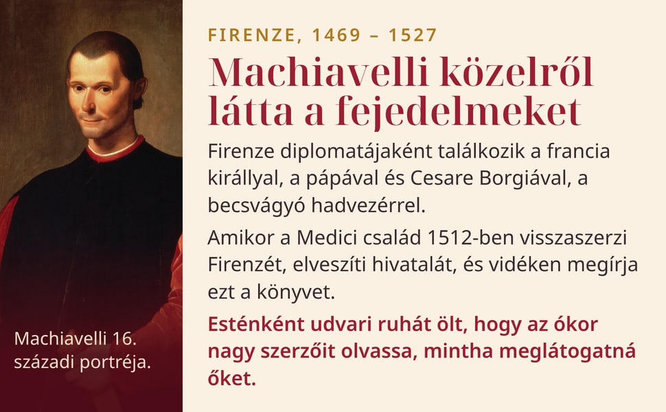 Machiavelli közelről látta a fejedelmeket. Firenze diplomatájaként találkozik a francia királlyal, a pápával és Cesare Borgiával, a becsvágyó hadvezérrel.