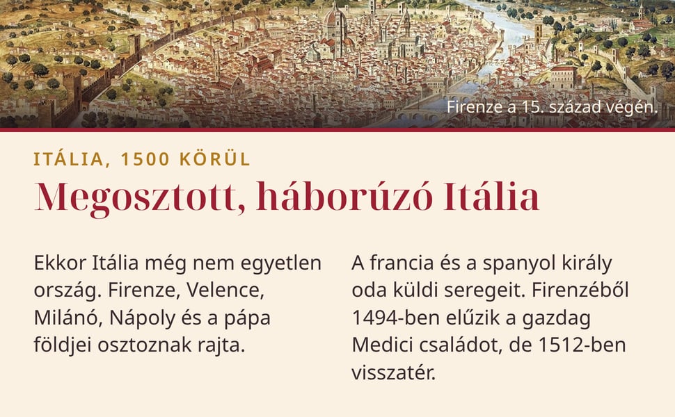 Megosztott, háborúzó Itália. Ekkor Itália még nem egyetlen ország. Firenze, Velence, Milánó, Nápoly és a pápa földjei osztoznak rajta.
