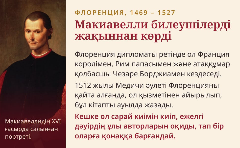 Макиавелли билеушілерді жақыннан көрді. Флоренция дипломаты ретінде ол Франция королімен, Рим папасымен және атаққұмар қолбасшы Чезаре Борджиамен кездеседі.