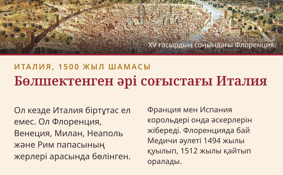 Бөлшектенген әрі соғыстағы Италия. Ол кезде Италия біртұтас ел емес. Ол Флоренция, Венеция, Милан, Неаполь және Рим папасының жерлері арасында бөлінген.