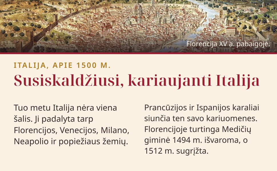 Susiskaldžiusi, kariaujanti Italija. Tuo metu Italija nėra viena šalis. Ji padalyta tarp Florencijos, Venecijos, Milano, Neapolio ir popiežiaus žemių.