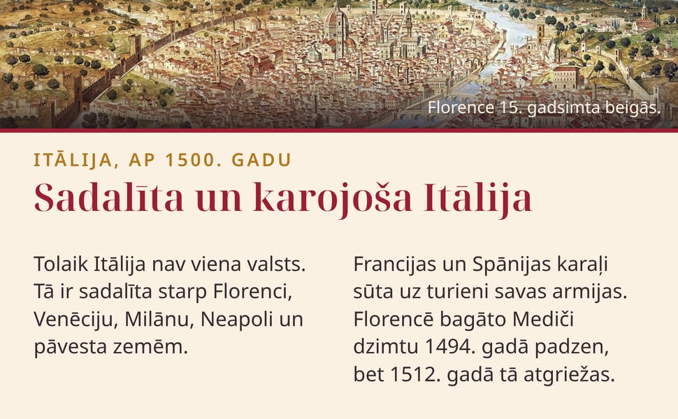 Sadalīta un karojoša Itālija. Tolaik Itālija nav viena valsts. Tā ir sadalīta starp Florenci, Venēciju, Milānu, Neapoli un pāvesta zemēm.