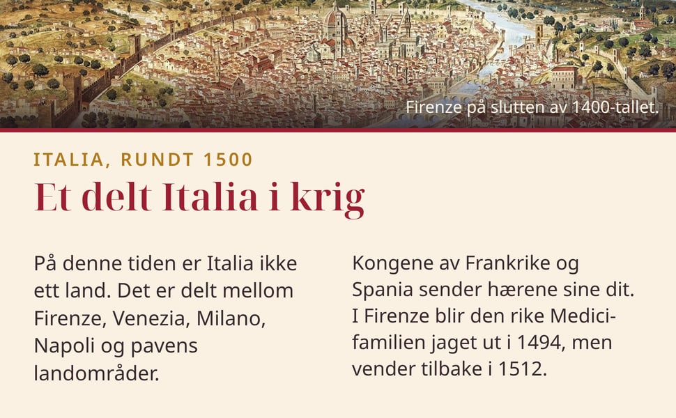 Et delt Italia i krig. På denne tiden er Italia ikke ett land. Det er delt mellom Firenze, Venezia, Milano, Napoli og pavens landområder.