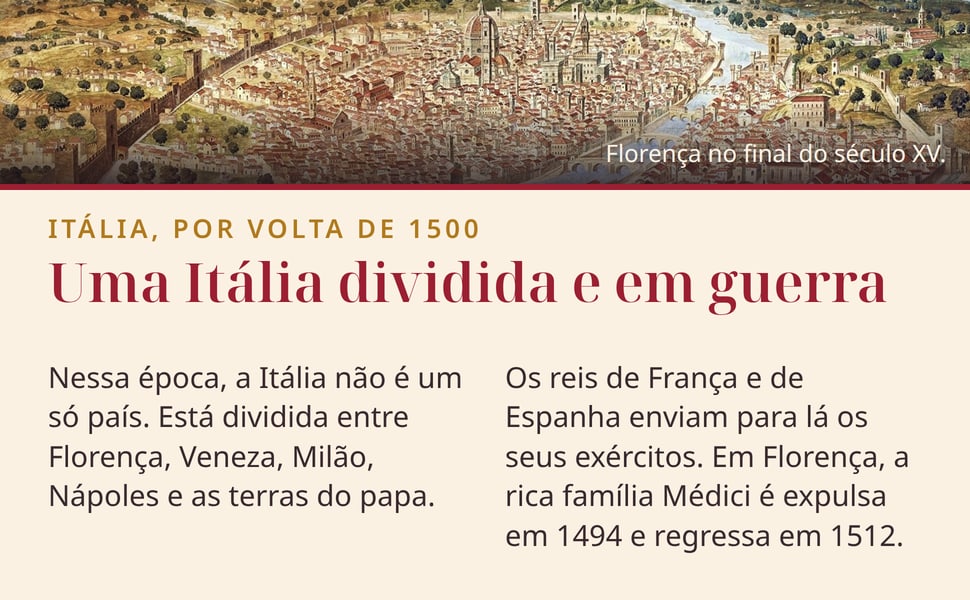 Uma Itália dividida e em guerra. Nessa época, a Itália não é um só país. Está dividida entre Florença, Veneza, Milão, Nápoles e as terras do papa.