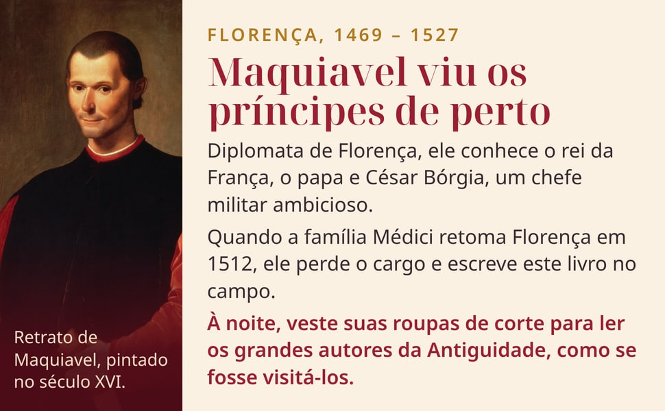 Maquiavel viu os príncipes de perto. Diplomata de Florença, ele conhece o rei da França, o papa e César Bórgia, um chefe militar ambicioso.