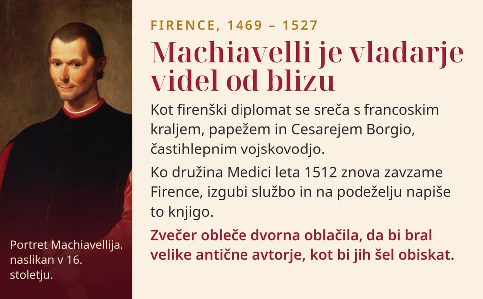 Machiavelli je vladarje videl od blizu. Kot firenški diplomat se sreča s francoskim kraljem, papežem in Cesarejem Borgio, častihlepnim vojskovodjo.