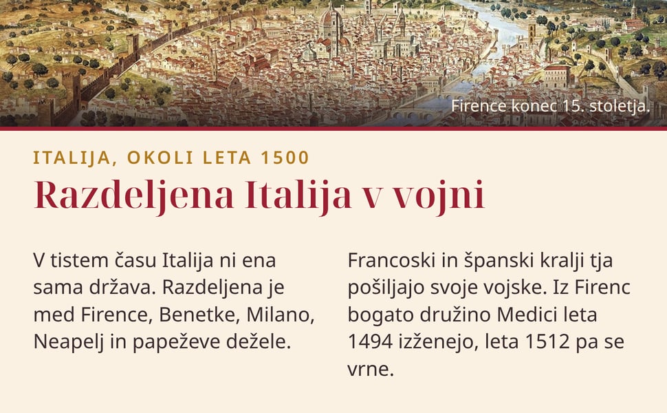 Razdeljena Italija v vojni. V tistem času Italija ni ena sama država. Razdeljena je med Firence, Benetke, Milano, Neapelj in papeževe dežele.