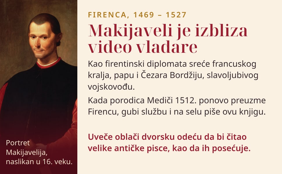 Makijaveli je izbliza video vladare. Kao firentinski diplomata sreće francuskog kralja, papu i Čezara Bordžiju, slavoljubivog vojskovođu.