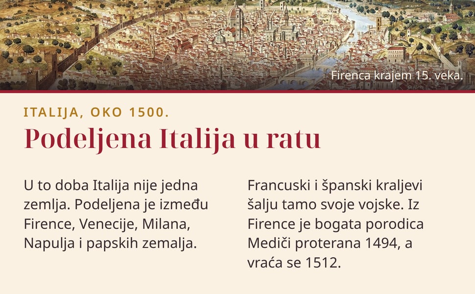 Podeljena Italija u ratu. U to doba Italija nije jedna zemlja. Podeljena je između Firence, Venecije, Milana, Napulja i papskih zemalja.