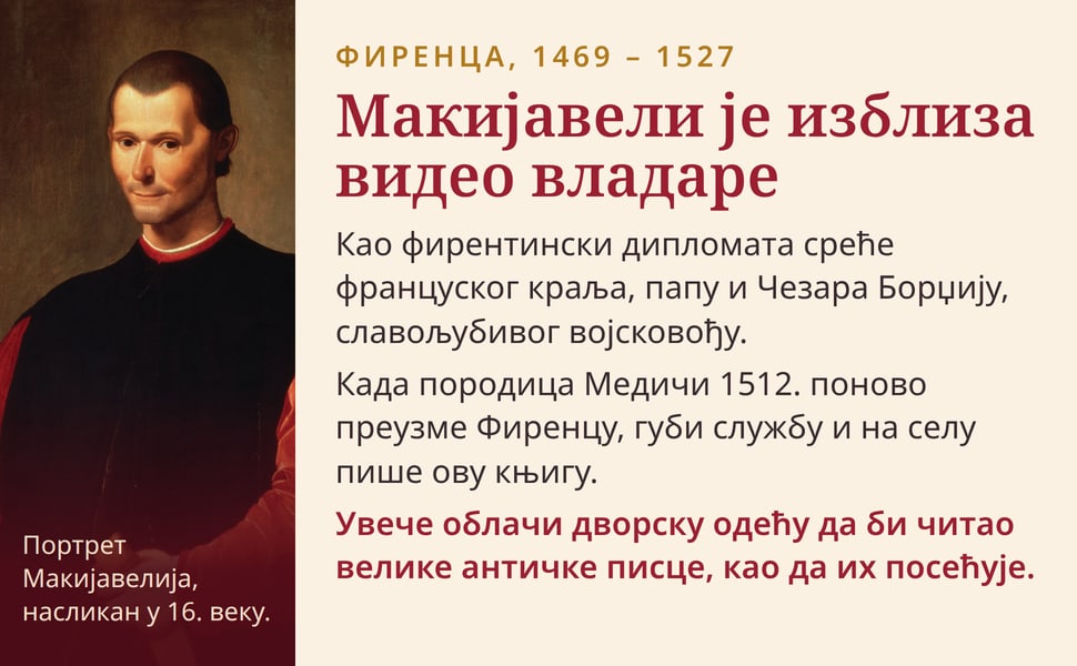 Макијавели је изблиза видео владаре. Као фирентински дипломата среће француског краља, папу и Чезара Борџију, славољубивог војсковођу.