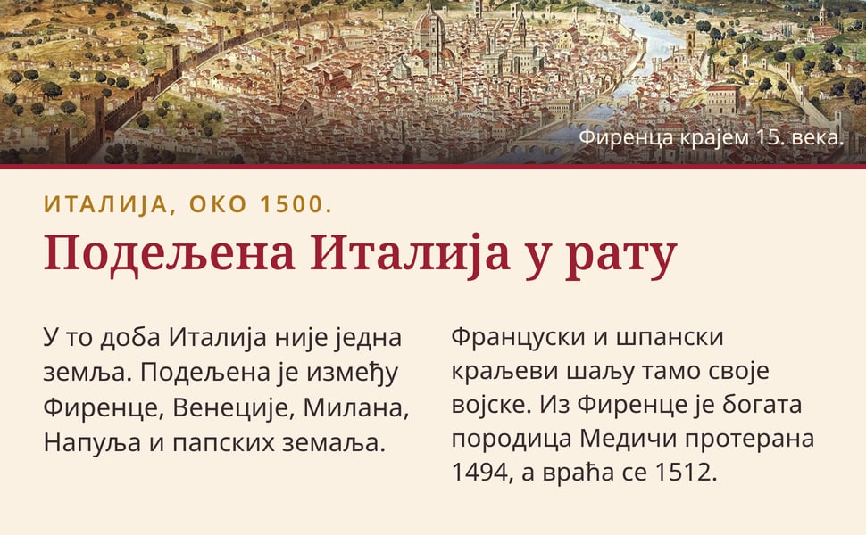 Подељена Италија у рату. У то доба Италија није једна земља. Подељена је између Фиренце, Венеције, Милана, Напуља и папских земаља.