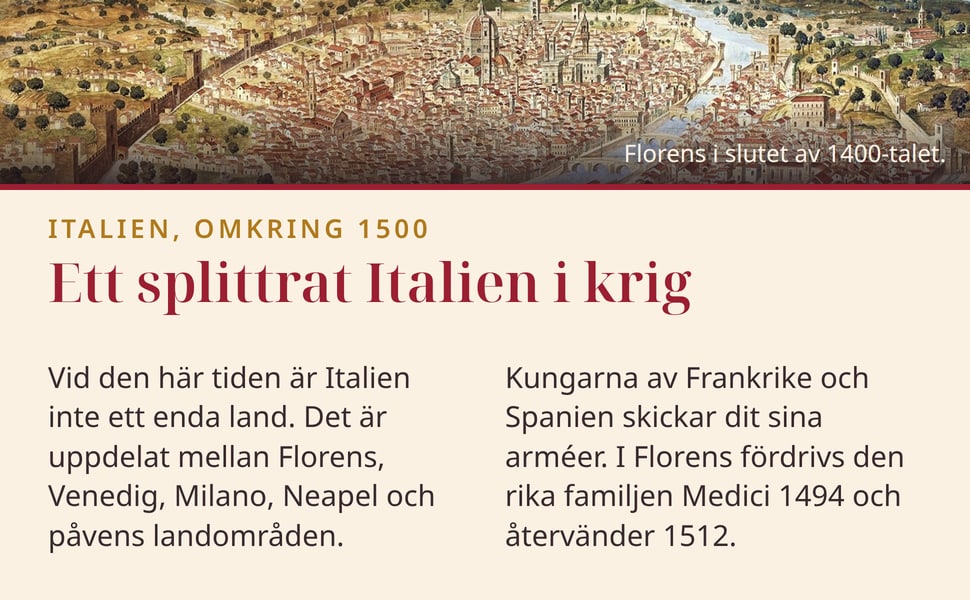 Ett splittrat Italien i krig. Vid den här tiden är Italien inte ett enda land. Det är uppdelat mellan Florens, Venedig, Milano, Neapel och påvens landområden.